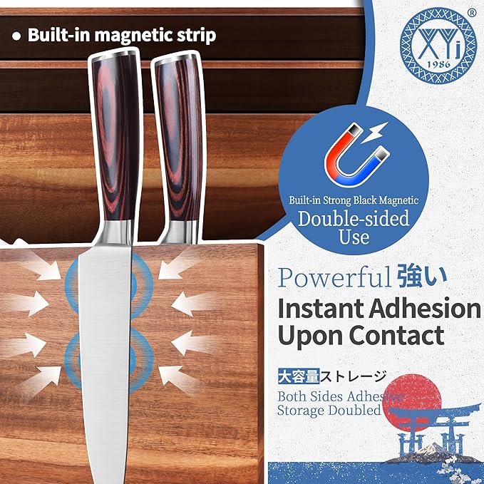 XYJ Magnetic Knife Block, Dual-Sided Strong Magnets, Acacia Wood Extra Large Stable Countertop Design, Kitchen Cutlery Display Stand without Knives