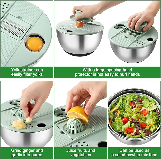Salad Spinner Stainless Steel, 5.3-Quart Lettuce Washer Spinner with 5 Blades Slicer, Large Vegetables Fruits Wash Bowl with Strainer, Perfect Home Salad Making Tool for Healthy Eaters & Home Cooks
