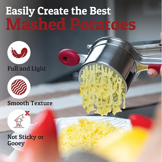 PriorityChef Large 15oz Potato Ricer With 3 Discs, Heavy Duty Stainless Steel Potato Ricer for Mashed Potatoes, Potato Masher, Press and Ricer Kitchen Tool, Red