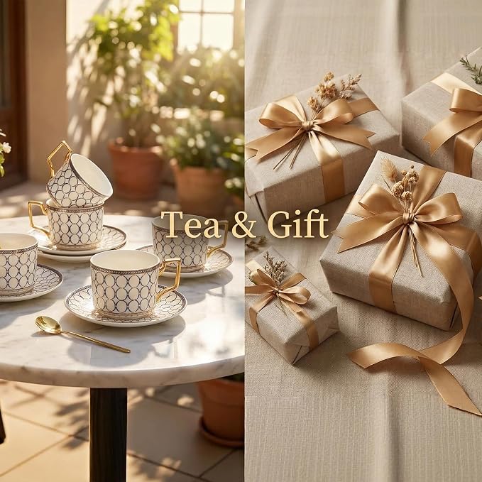 CwlwGO- Bone China Tea Cup Sets,15-Pieces Tea Cup and Saucer Set Service For 4 Whit 28 Ounces Teapot,Sugar Bowl,Creamer Pitcher and Spoons, Tea Gifts Sets For Women Patry.