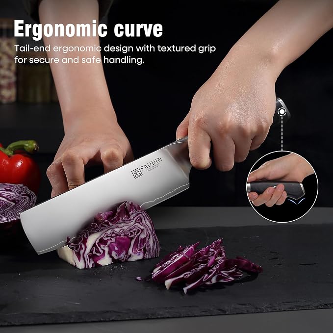 PAUDIN Nakiri Knife 7 Inch,Damascus High Carbon Steel Kitchen Knife 62 HRC, Ultra Sharp Vegetable Chopping Cleaver and Meat Slicing Asian Chef Knife for Home Cooks, Gift Box Included for Women and Men