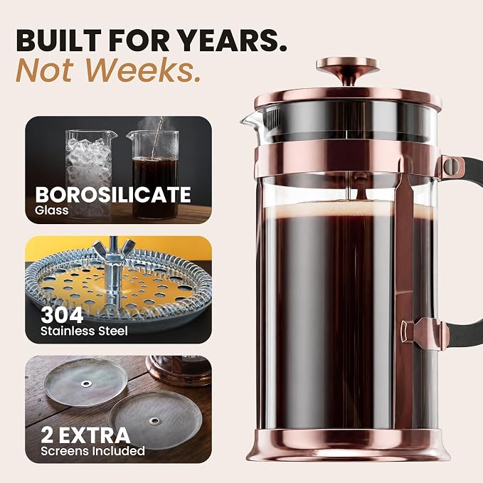 EzDtach Glass French Press Coffee Maker 34oz Copper – Double Filter Borosilicate Glass Pot with 304 Stainless Steel Coffee Press and 2 Extra Screen, Easy to Use and Clean Design for Full-Bodied Flavor