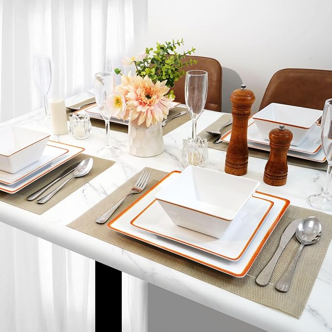 TP 12-Piece Melamine Dinnerware Sets, Plates and Bowls Dishes Set for 4, Break-Resistant & Non-Microwavable, Lightweight Square Dinner Plates, White with Rim