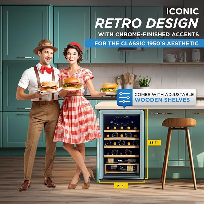 Unique Appliances Classic Retro Electric Wine Cooler, 28-Bottle Wine Fridge with Adjustable Wooden Shelves and Intuitive Digital Control Panel, Single Zone, 21", Ocean Mist Turquoise