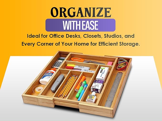 YBM Home & Kitchen Expandable 6-compartment Kitchen Utensil, Flatware, Cutlery Drawer Organizer Tray Size 18" width (12.5" wide closed), 17." Length, 2" Height. Item No.339