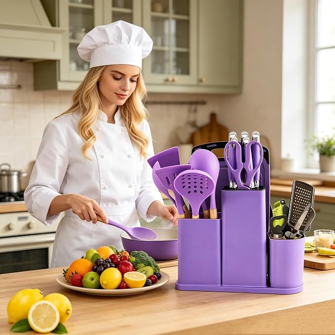 Kitchen Utensils and Knives Set, 20PCS Knife and Cooking Spoon Tools Set with Storage Holder, Sharp Stainless Steel Knife Sets with Bread, Chef Knife (Purple)