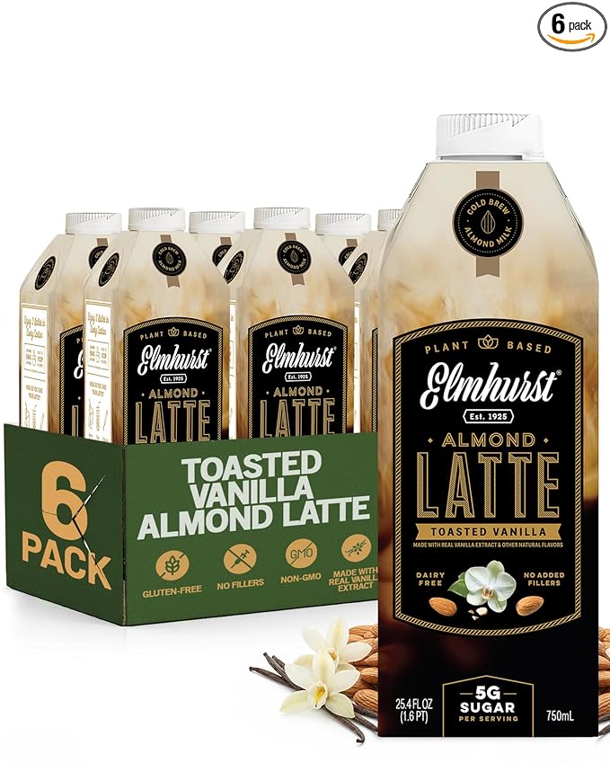 Elmhurst 1925 Toasted Almond Vanilla Latte – Plant-Based, Vegan, Dairy-Free Plant Milk Latte Made of Cold Brew Premium Arabica with 95mg Caffeine & Madagascar Vanilla – 25.4oz (Pack of 6)