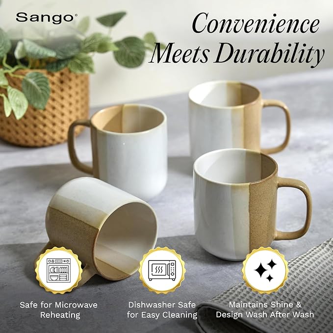 SANGO Phoebe Caramel/White Coffee Mugs Set of 4, 15 oz Stoneware Coffee Mug Set, Big Glossy Ceramic Tea Cup for Cappuccino, Latte, Cocoa, Large Coffee Cups with Handle, Microwave & Dishwasher Safe