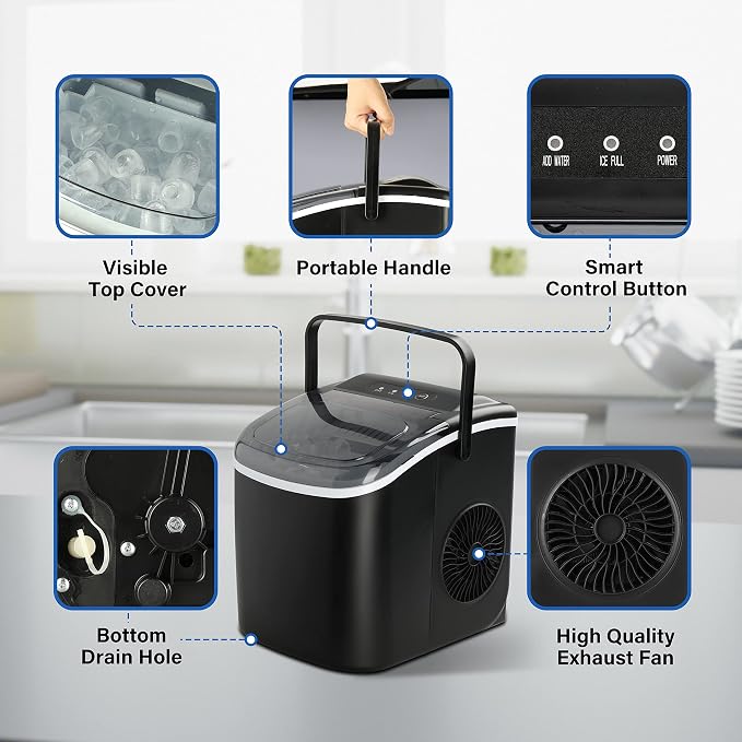 HealSmart Portable Ice Maker for Countertop, 6 Mins 9 Ice Cubes, 26lbs Ice/24H, Self-Cleaning, with Ice Spoon and Basket, for Home/Kitchen/Office/Camping/Party, Black