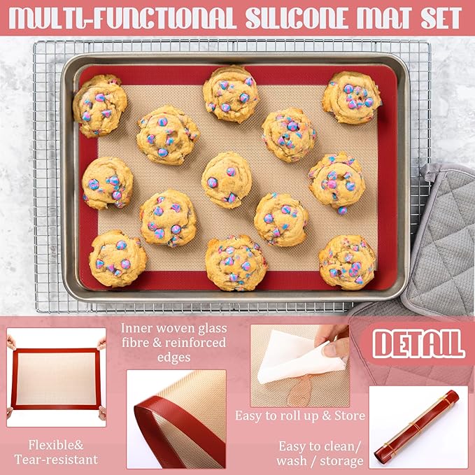Nuanchu 8 Pieces Silicone Baking Mat Non-stick Silicone Baking Half Sheet 16.5'' x 11.6'' Silicones Cookie Sheet Easy Clean Oven Cookie Liner for Oven Making, Macaroon, Bread Pastry(Red)