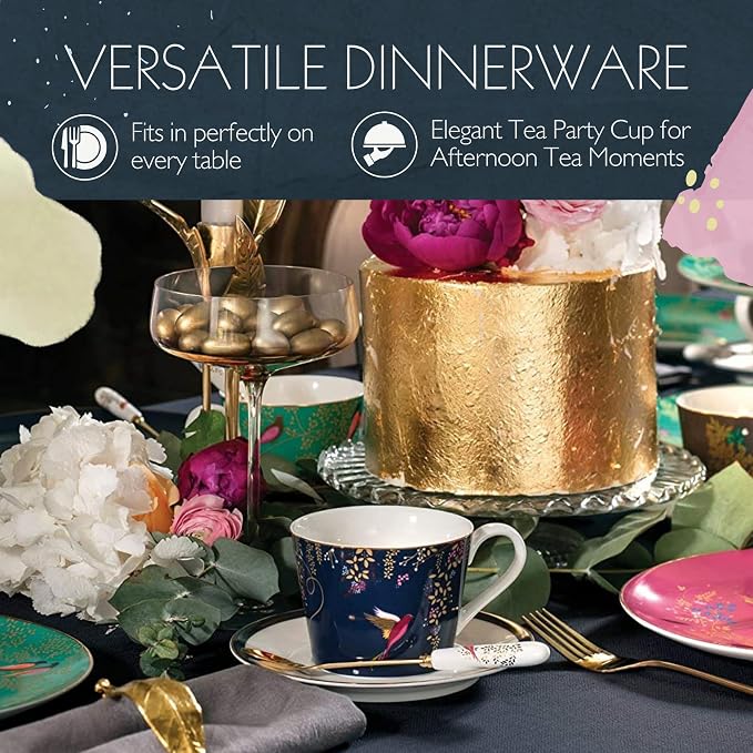 Portmeirion Sara Miller London Chelsea Teacup and Saucer, Navy | 8 Oz Cup for Drinking Tea and Coffee | Made from Fine China with Gold Detail | Handwash Only