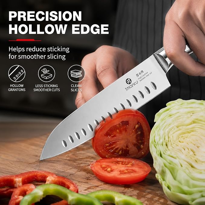 imarku Chef Knife Ultra Sharp Santoku Knife 7 Inch, High Carbon Stainless Steel Japanese Kitchen Knife with Hollow Edge | Seamless Ergonomic Handle, Gift Box for Meat/Vegetables/Tomatoes & Daily Prep