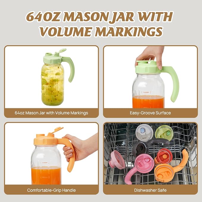 Soligt Glass Mason Jar Pitcher with Lid, Wide Mouth Flip Cap Pour Spout Leak-proof Lid with Handle, 64 oz (2 Quart / 1.9 Liter), for Iced Coffee/Sun Tea Juice/Cold Brew Coffee (1Pack, Carrot Orange)