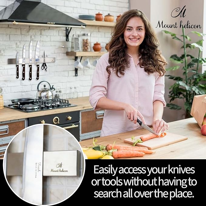 16 Inch Heavy Duty Kitchen Knife Magnetic Strip with Additional 5 Hooks-Multipurpose Stainless Steel Magnetic Tools, Knife Holder-Strong Magnetic Knife Holders for Wall No Drill required (Silver)