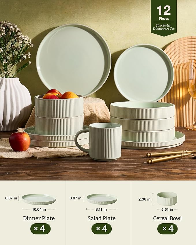 Famiware Star 12-Piece Stoneware Dinnerware Set for 4 – Green, Ceramic Ribbed Plates and Bowls – Modern Rustic Dishes, Everyday & Formal Use – Chip & Scratch Resistant, Microwave & Dishwasher Safe