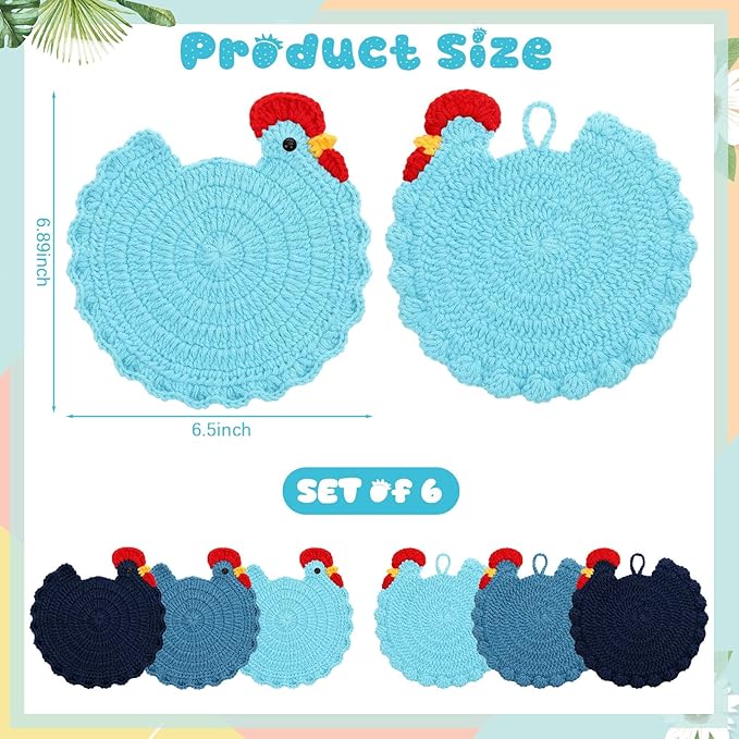 LemonRoad Handmade Crochet Chicken Trivets Set of 6, Farmhouse Hot Pots Holder Gifts Cute Braided Woven Coaster Protector for Dishes Mothers Day Lovers Housewarming 6.5" x 6.8"(Vivid Style)