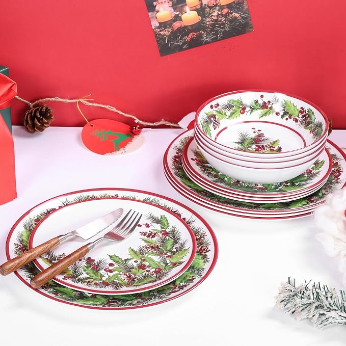 12-Piece Christmas Melamine Dinnerware Set,Holiday Dishes Set，White & Green | Lightweight & Stackable for Home&Party plates,Plate and Bowl Sets Ideal for for Indoor Outdoor Use -Christmas Garland