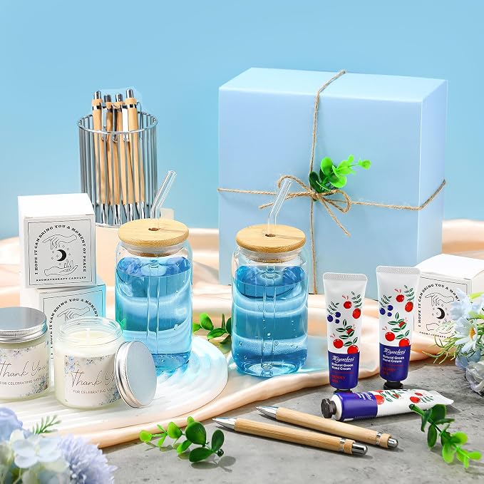 Reallnaive 6 Sets Baby Shower Prizes for Game Winners, Baby Shower Favors Including Glass Cup Scented Candles Hand Cream Pens Gift Box with Raffia for Gender Reveal Wedding Bridal Party Prizes(Blue)