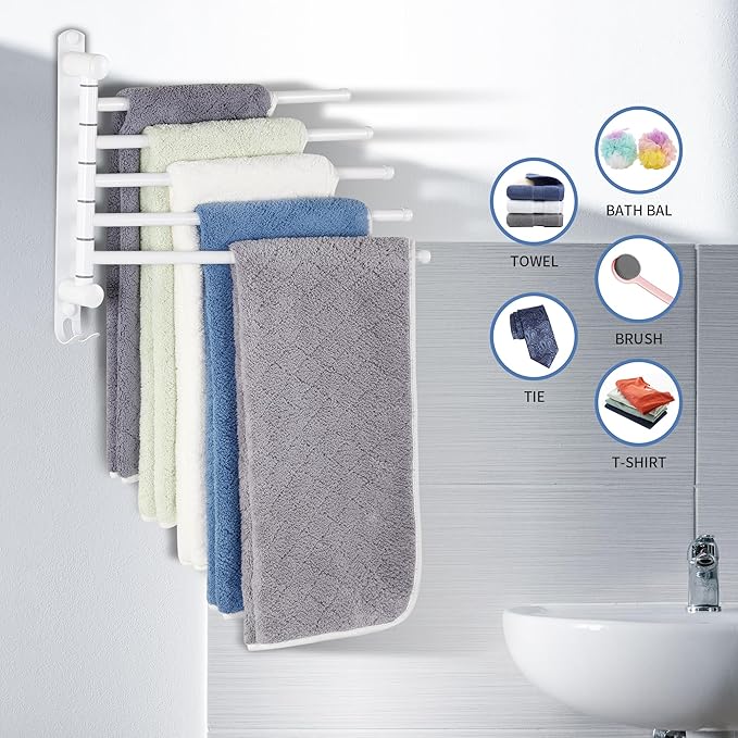 Swivel Towel Rack, 12.6 Inch Towel Bar with Wall Mounted 180° Rotation, 5 Arms Towel Hanger SUS 304 Stainless Steel, Space Saving for Kitchen, Bathroom, Outdoor, White