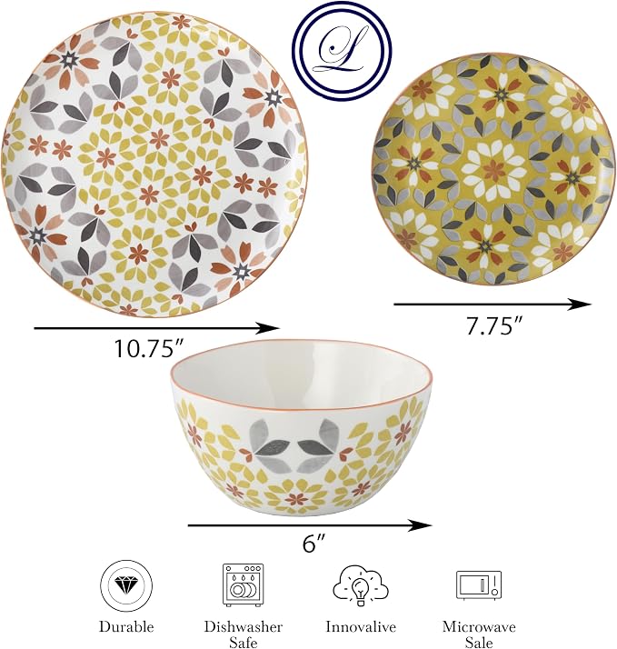Lorren Home Trends Floral Dinnerware Set, 12 Piece, Bone China, Yellow and Gray Pattern, Microwave and Dishwasher Safe