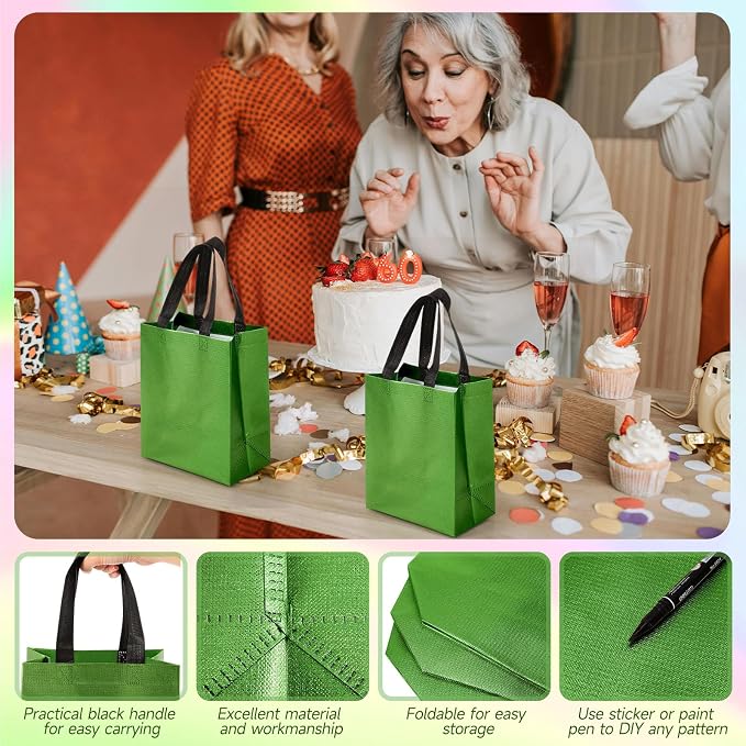 Eccliy Reusable Gift Bags Set Glossy Grocery Gift Tote Bag with Handle for Wedding, Bridal Shower, 4th of July, Summer Event(10 x 8 x 4.7 Inch,Green,80 Pcs)