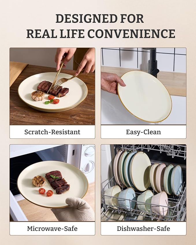 Famiware Saturn Stoneware Dinnerware Sets for 8 (24 Pieces), Ceramic Plates and Bowls Dish Sets with Hand-Painted Trim - Chip & Scratch Resistant, Microwave & Dishwasher Safe Tableware, Vanilla White