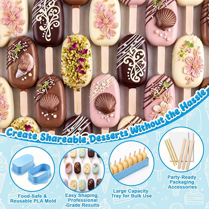 3in Cakesicle Cutter with 9in Tray, Cakesicle Mold Set with 100 Sticks, 100 Bags and 100 Ribbons, Baking Tools for Home Baking, Birthday Parties, Wedding Desserts(Blue)