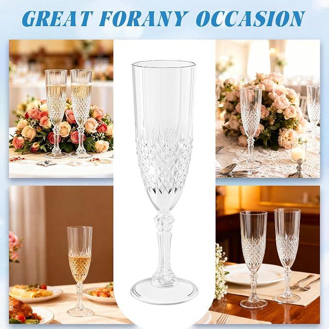 Plastic Champagne Flutes, Champagne Glasses Bulk, Reusable Unbreakable Acrylic Wine Glasses Goblets for Weddings Bachelor Parties Toasting Bridal Shower (100,Transparent)