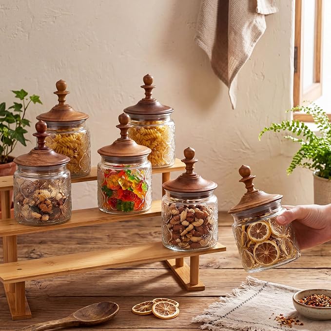 Suclain 6 Pack 17 Oz Vintage Glass Jars with Wooden Crown Lids, Decorative Jars with Begonia Pattern, Airtight Glass Food Storage Containers for Tea Coffee Spice Pantry Organization