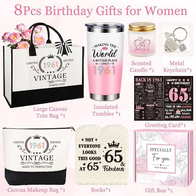 65th Birthday Gifts for Women, Vintage 1961 Happy 65th Birthday Gifts Basket for Women Unique Gift Ideas for 65 Year Old Female, Mom, Wife, Grandma, Thoughtful Birthday Gift Turning 65 Year Old