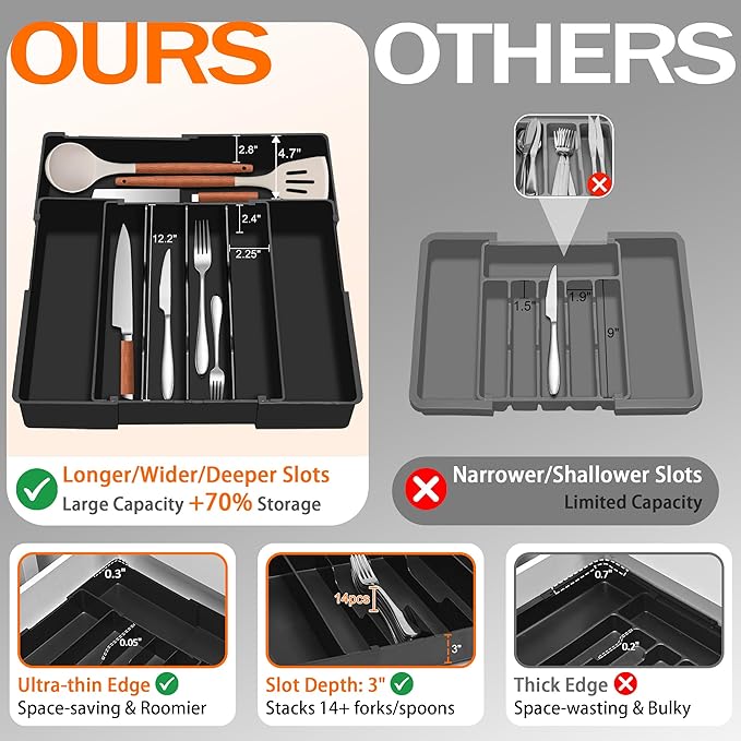 Spaclear Expandable Large Silverware Organizer - BPA-Free Food-Safe Kitchen Drawer Organizer Adjustable Utensil Drawer Organizer Cutlery Tray for Spoons Forks Knives