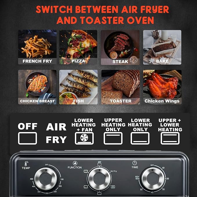 10QT Air Fryer Toaster Oven Combo, 3-Layer Cooking Air Fryer Oven with Visible Window, Countertop Airfryers with 5 in 1 Functions, Cooks 6 Toast slices at once, Compact capacity for small kitchen