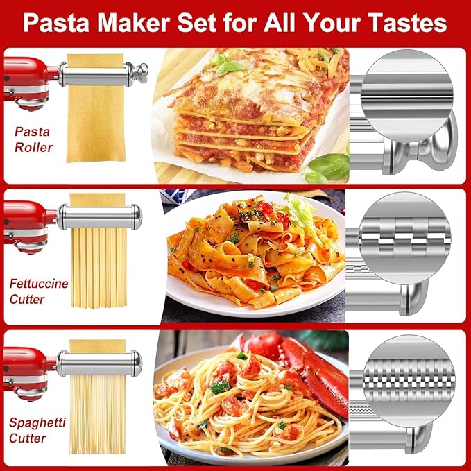 3PCS Pasta Maker Attachment for All Kitchenaid Stand Mixers, Stainless Steel Pasta Attachments Include Spaghetti Cutter & Fettuccine Cutter, Pasta Roller with 8 thickness knob