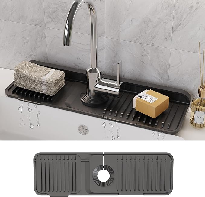 WAFT YEARN 17X5 Inch Silicone Durable Faucet Mat Kitchen Sink Splash Guard Draining Protector Tray Liner Absorbent Protective Counter Accessories For Sink Kitchen Bathroom Laundry Room Bar & RV Black