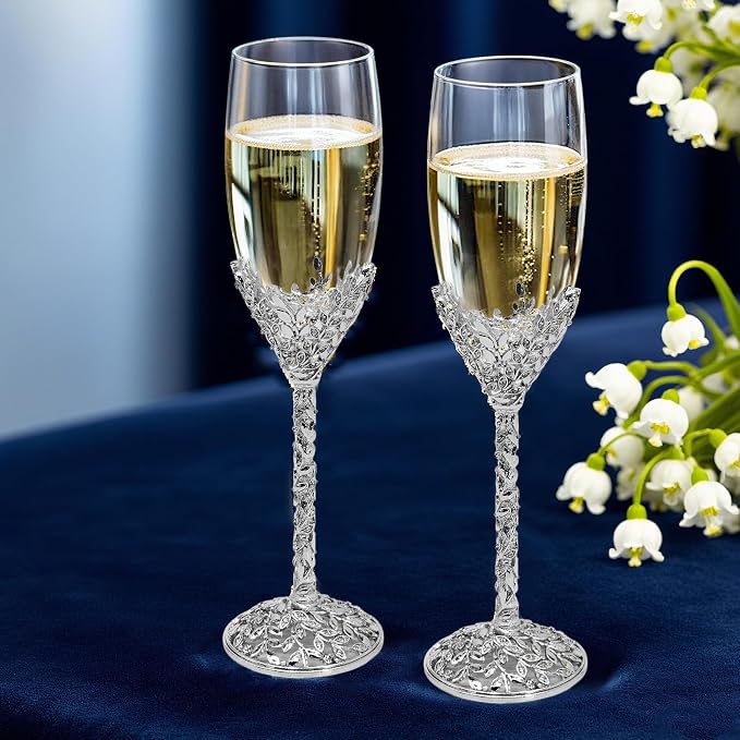 Silver Champagne Flutes -His and Hers,Wedding Toasting Glasses for Engagement Celebrations, Bridal Shower and Registry Idea, Tall Wine Glasses for Bride and Groom Gifts,7oz (Chrome)