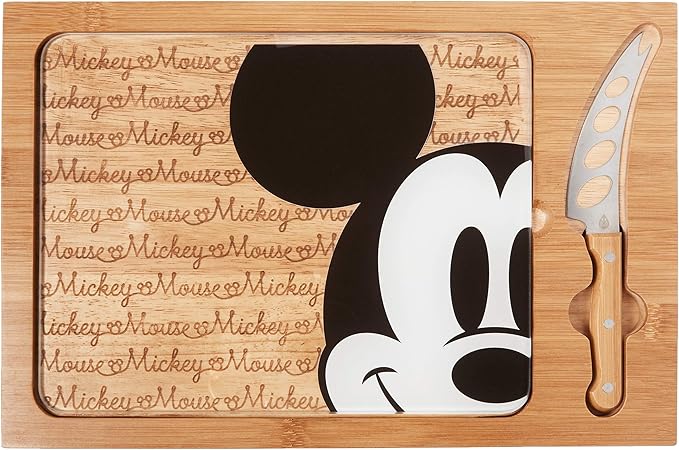 PICNIC TIME Disney Mickey Mouse Icon Glass Top Cheese Board and Knife Set, Charcuterie Serving Tray, Removable Tempered Glass, Parawood and Bamboo Design, (Parawood & Bamboo)