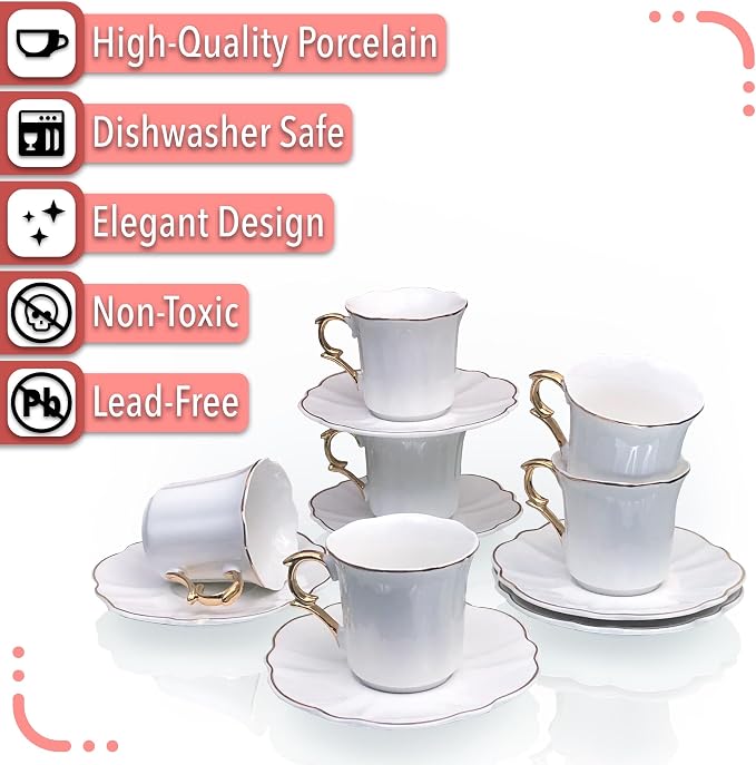 BTaT- Turkish Coffee Cup Set, 3 oz, 6 Set (12 pcs) | Elegant White Cups Saucers Gold Trim Espresso Set Greek Arabic Turkish Coffee Gift Use