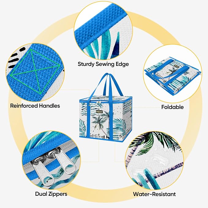 BALEINE 3Pk Insulated Reusable Grocery Bags, Foldable Shopping Bags for Groceries with Reinforced Bottom & Handles (Island Breeze)