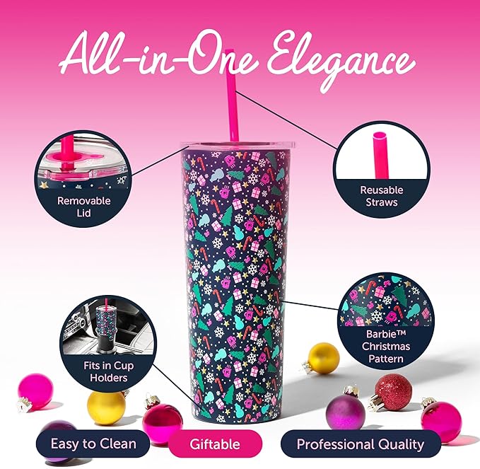 Dragon Glassware x Barbie Vacuum Insulated Tumbler, 24 oz - Christmas | Stainless Steel Tumbler with Straw & Lid; Double Walled Barbie Tumbler; Fits Cup Holders; Official Barbie Merch