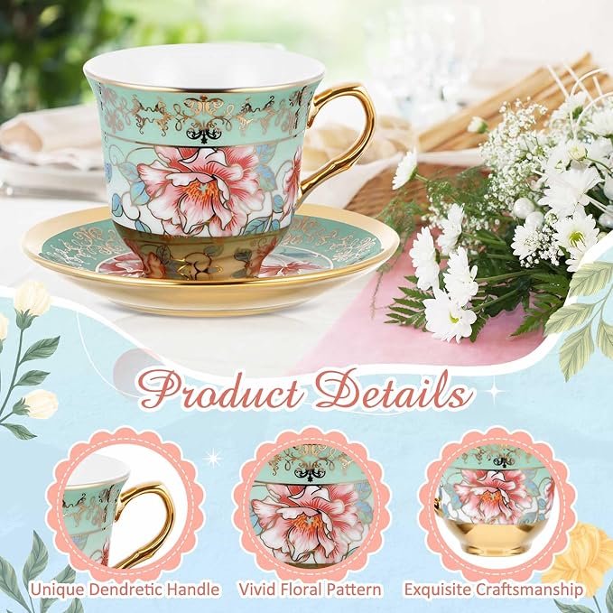 Teenyyou Set of 12 Tea Cups and Saucers Tea Party Decorations Floral Porcelain 7.4 oz British Gift for Women Birthday Party, Church, and Mother's Day (Stylish Style)