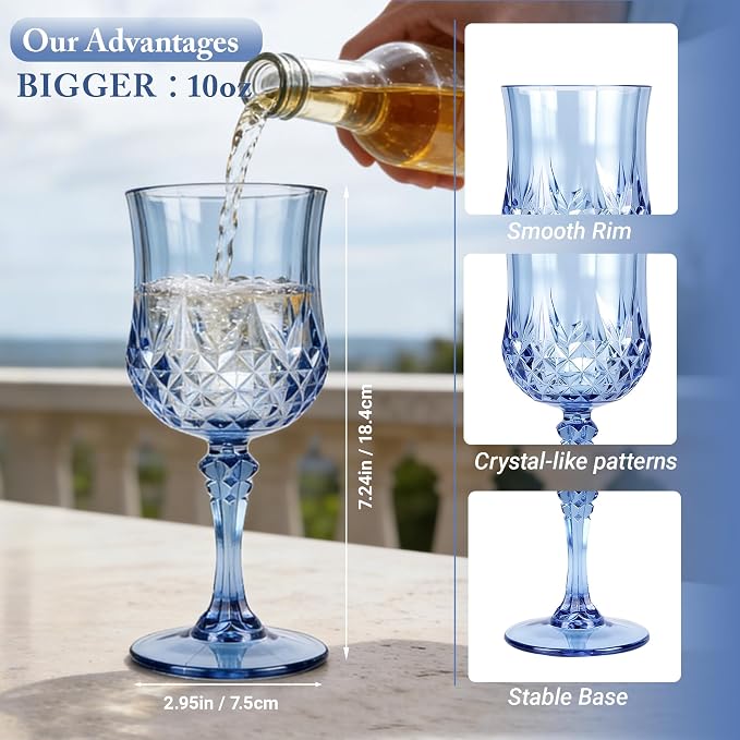 30 Pack Plastic Wine Glasses,10oz Unbreakable Vintage Style Goblets,Reusable Crystal Like Drinking Glass for Wedding Reception, Party Supplies (Blue)
