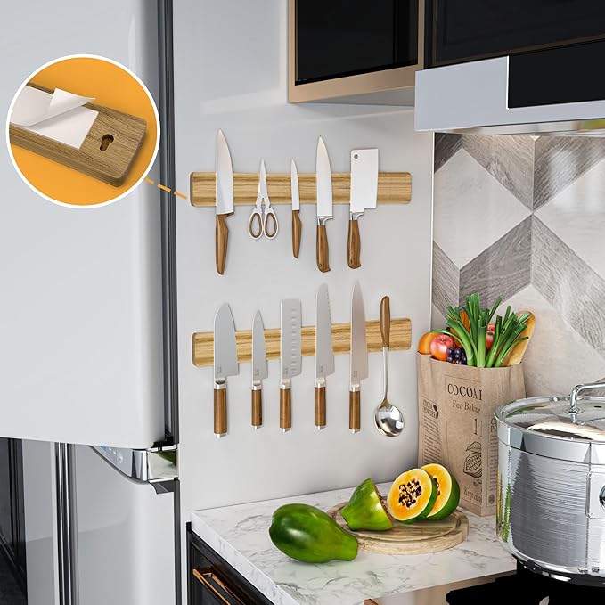 Magnetic Knife Holder for Wall, Acacia Wood Knife Magnetic Strip No Drill Knife Magnet Storage Bar Magnetic Tool Key Holder Strip for Kitchen Utensil Organizer (Light Brown, 24 Inch)