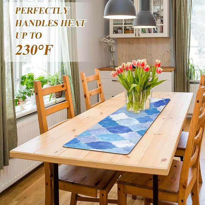 2 in 1 Table Runner Trivet for Hot Pots and Pans Heat Resistant Non Slip Waterproof 39 x 12 Inch Decorative Table Protector for Kitchen Countertop Eid Geometric Blue