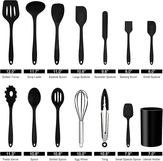 LIANYU Mini Black Ice Scoop Set of 4 and 14 Pcs Cooking Utensils Set with Holder, 3 Ounce Stainless Steel Scoop and Heat Resistant Silicone Kitchen Cookware Utensils Set
