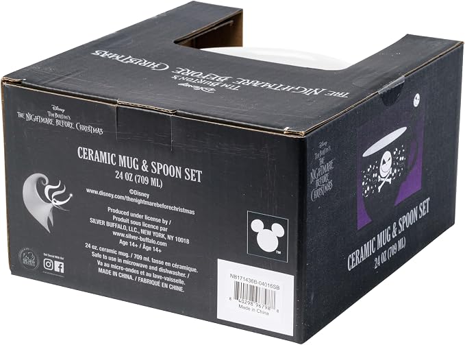 Silver Buffalo Disney Tim Burton's Nightmare Before Christmas Jack Skellington Skulls Ceramic Soup Mug with Spoon Set, 24 Ounces