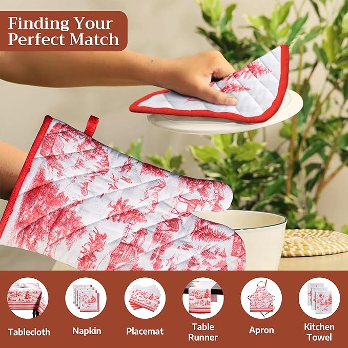 Maison d' Hermine 100% Cotton Oven Mitt & Pot Holder Set (7.5"x13" & 8"x8") Heat Resistant BBQ Cooking Gloves with Loop for Thanksgiving Christmas Decorations Handling Hot Pans (Winter Jouy)