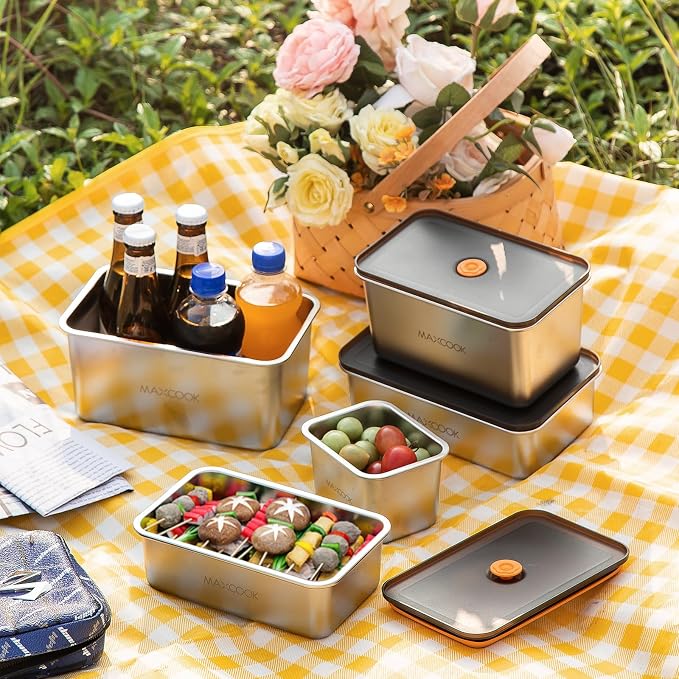 Large Stainless Steel Food Containers with Lids, 64 oz Food Storage Container set, Leak Proof Metal Food Container Bento Box, Snack Container set with Lid (Dishwasher & Freezer Safe, 1900 ml)
