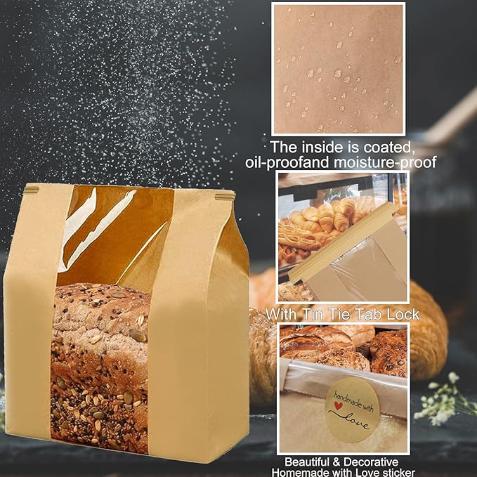 100 Pack Paper Bread Bags for Homemade Bread Sourdough Bread Bags Large Kraft Paper Bakery Bag with Window 14" x 8.3" x 3.5" with Tin Tie Tab Lock for Baked Food Packaging Storage, 100Pcs Love sticker