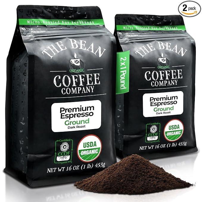 The Bean Organic Coffee Company Premium Espresso, Dark Roast, Ground Coffee, 16-Ounce Bags (Pack of 2),Café molido tostado organico