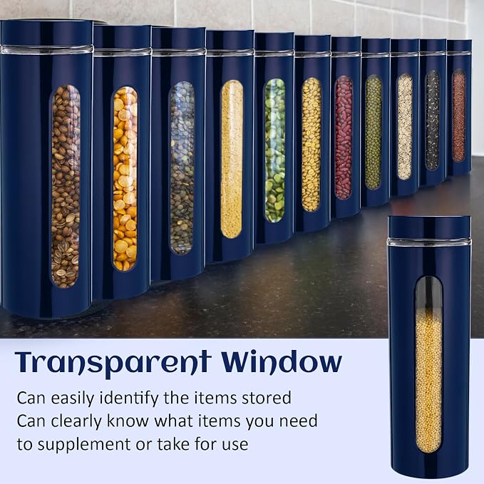 Mimorou 6 Pack Kitchen Canisters Set Airtight Coffee Sugar Tea Storage Jars with Window Glass Stainless Steel Containers with Lids for Flour Cookies Spices Grains Kitchen Decorations(Navy Blue,60 oz)